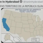 Iran’s Consulate in Hyderabad mocked Donald Trump by sharing a map that labels California as new Iranian territory after his Hormuz claim.