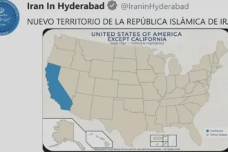 Iran’s Consulate in Hyderabad mocked Donald Trump by sharing a map that labels California as new Iranian territory after his Hormuz claim.