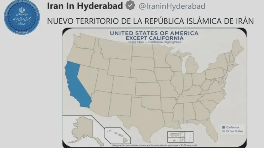 Iran’s Consulate in Hyderabad mocked Donald Trump by sharing a map that labels California as new Iranian territory after his Hormuz claim.