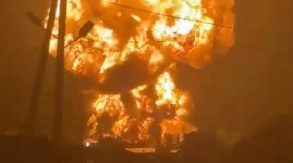 Firefighters respond after a Russian missile strike damaged buildings in Kyiv, Ukraine.