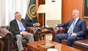 Ishaq Dar and Russian Ambassador Albert Khorev discussed stronger Pakistan-Russia ties, regional issues and the importance of dialogue.
