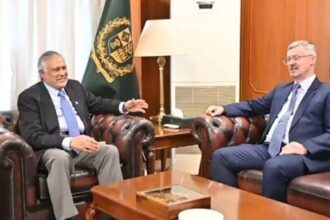 Ishaq Dar and Russian Ambassador Albert Khorev discussed stronger Pakistan-Russia ties, regional issues and the importance of dialogue.
