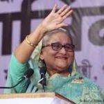 Former Bangladesh Prime Minister Sheikh Hasina speaks during a media interaction in New Delhi.