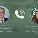 Pakistan’s Ishaq Dar and Saudi Foreign Minister Faisal bin Farhan discuss regional issues and follow-up on the Makkah Defence Agreement.