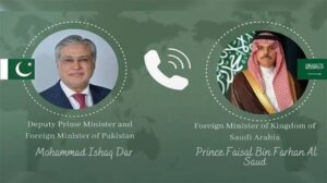 Pakistan’s Ishaq Dar and Saudi Foreign Minister Faisal bin Farhan discuss regional issues and follow-up on the Makkah Defence Agreement.