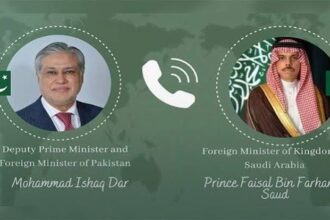 Pakistan’s Ishaq Dar and Saudi Foreign Minister Faisal bin Farhan discuss regional issues and follow-up on the Makkah Defence Agreement.