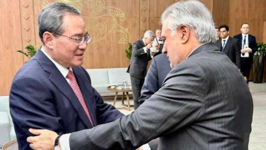 Pakistan’s Deputy Prime Minister Ishaq Dar meets Chinese Premier Li Qiang in Dushanbe to discuss strategic ties and regional developments.