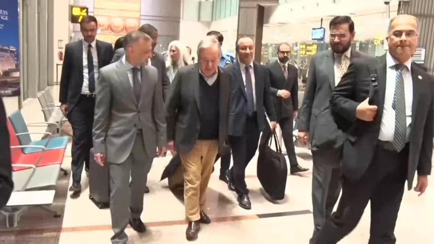 UN Secretary-General Antonio Guterres arrives in Islamabad for a three-day Pakistan visit to discuss regional security, global issues and disaster preparedness.